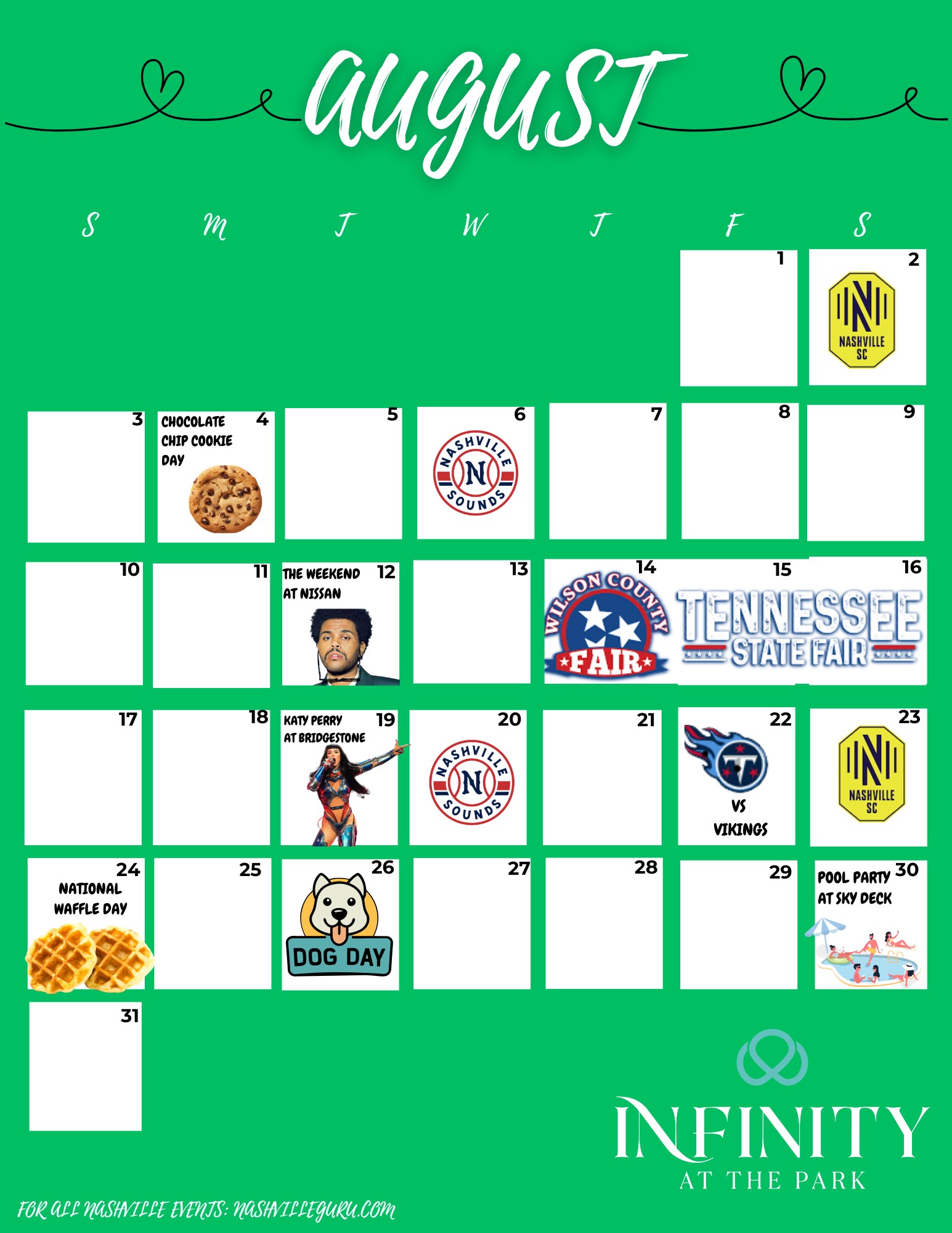 August Events Calendar August Event Calendar for Infinity at the Park