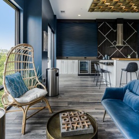 Access to resident-only features club room with kitchen and nature views